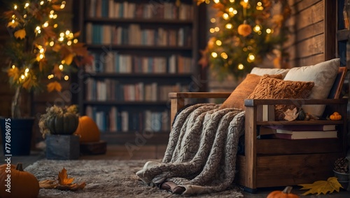 Fall cozy reading nook with a blanket, bookshelf filled with autumn-themed books