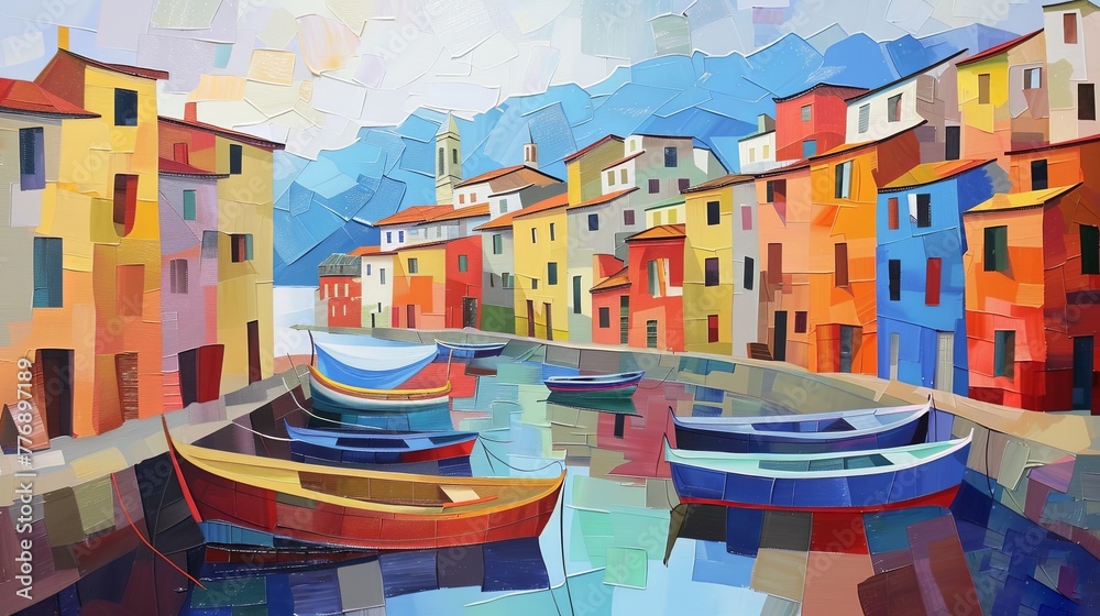Visualize a Mediterranean seaside village with colorful houses and boats lining the shore Apply a cubist style - obrazy, fototapety, plakaty 