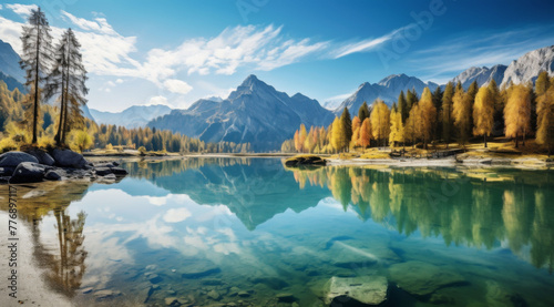 Beautiful nature and scenery lake surrounds the trees reflection in the mountains