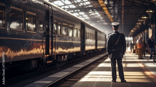 The train conductor waits on the platform to release the next departing train, ensuring a smooth transition for passengers waiting to board. 
