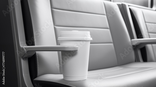 Close-up of subway seat showcases armrest and cup holder  providing additional comfort and convenience for passengers during their commute. 