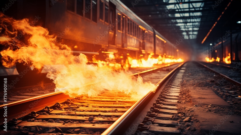 Naklejka premium Fiery spectacle unfolds as flames unexpectedly rise from subway track electrification system, casting an eerie glow and causing commotion among commuters and bystanders alike. 