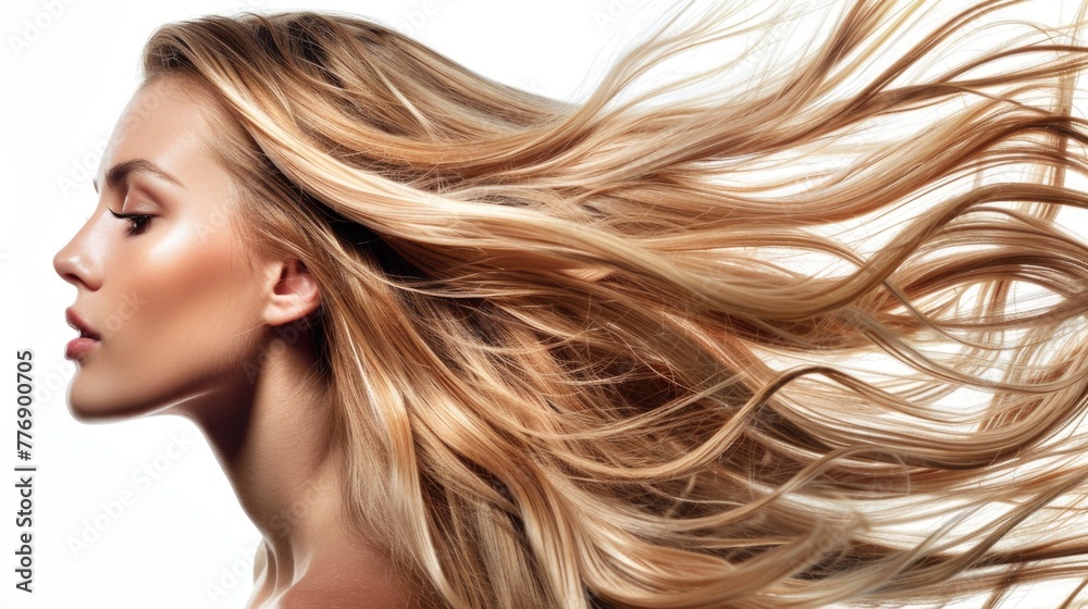 A side profile of a person with luxurious, flowing blonde hair highlighting smooth, healthy strands and a serene expression. A side profile of a person with luxurious, flowing blonde hair highlighting smooth, healthy strands and a serene expression.