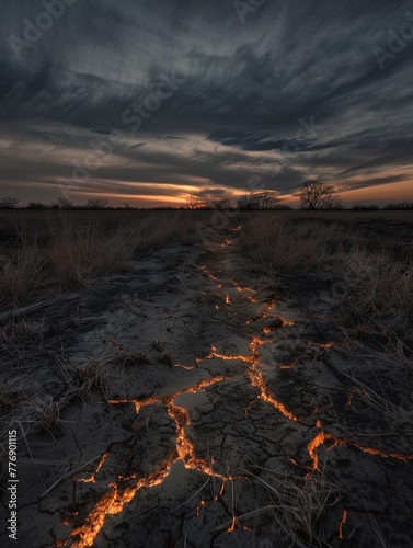 A stark, barren field at dusk, cracks in the ground revealing a fiery glow, casting long shadows and creating a somber atmosphere