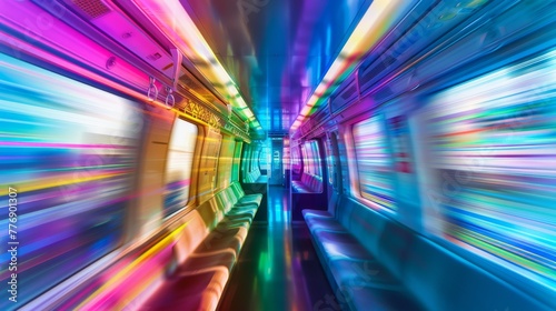 Shinkansen interior with passengers as colorful data streams, fastmoving abstract scene