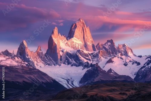 Majestic mountains with peaks that glow neon against pastel dawn skies, creating a sense of awe and serenity