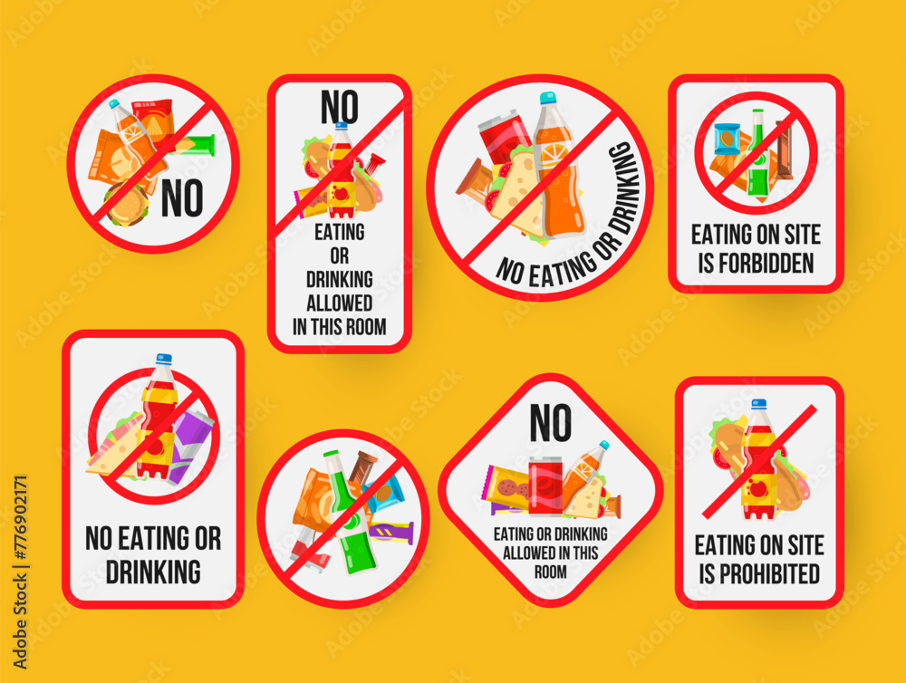 No eating or drinking forbidden red crossed sign design template set vector flat illustration