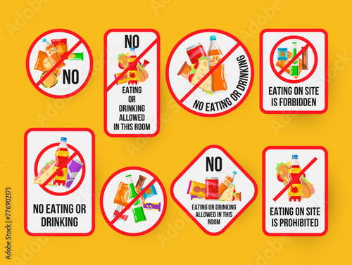 No eating or drinking forbidden red crossed sign design template set vector flat illustration © Vikivector