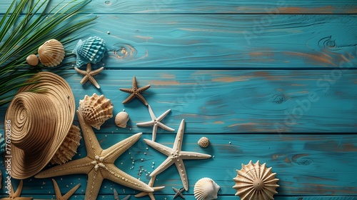 Tropical Beach Accessories on Turquoise Wooden Planks.