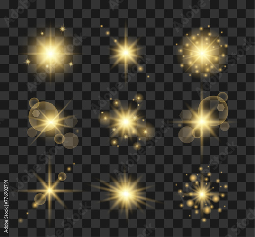 Sparkle light. Light. Lens flares. Realistic shine effect. Glowing explosion, bright shining effect. Magical yellow dust particles.