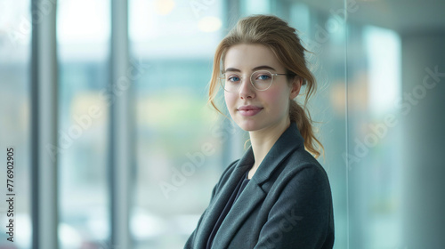 Reflective Young Businesswoman in Modern Office, Window Light Portrait with Copy Space