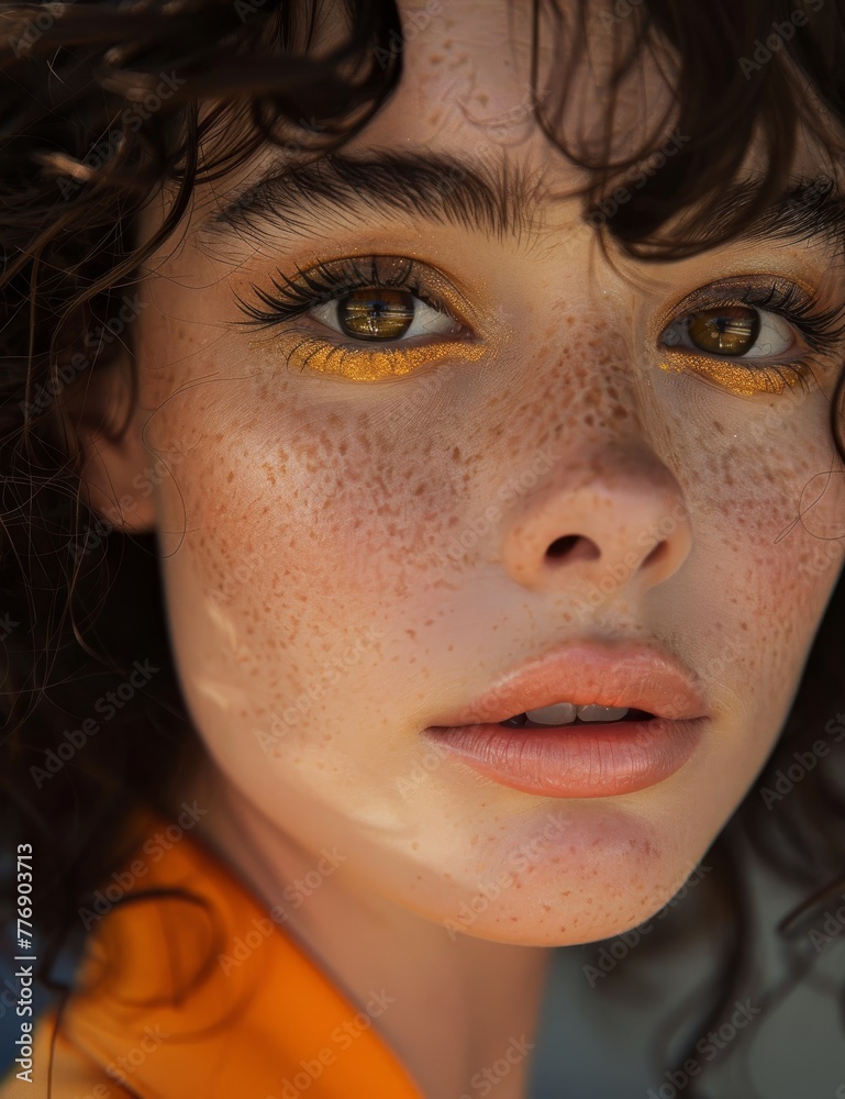 Intense close-up of curly-haired woman. Up-close view of a woman's face with curly hair and striking golden eye makeup, radiating elegance Intense close-up of curly-haired woman. Up-close view of a woman's face with curly hair and striking golden eye makeup, radiating elegance