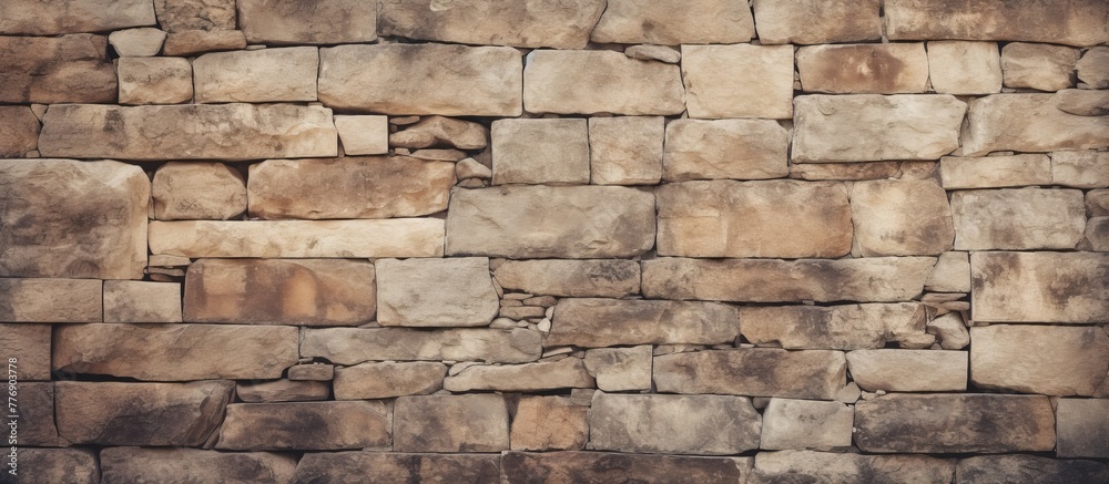 Close-up view of a textured stone wall featuring a small area of soil on the surface