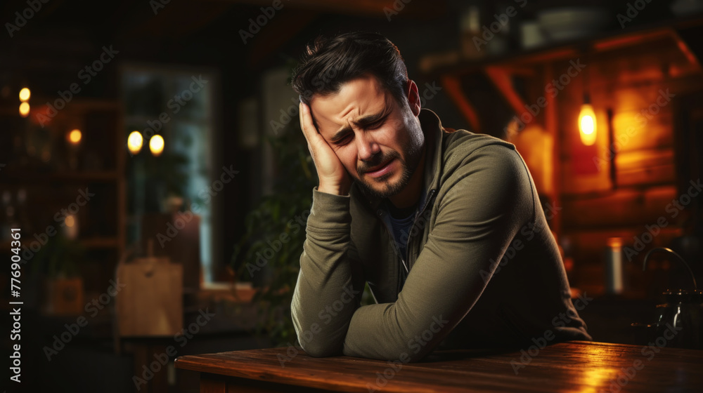 Isolated image of a worried, tired man with a headache. A worried man is holding his forehead. Generative AI Isolated image of a worried, tired man with a headache. A worried man is holding his forehead. Generative AI