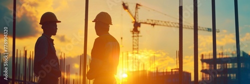 Silhouetted Construction Workers Overlooking Skyline at Sunset,Symbolizing Progress and Teamwork Driving Development