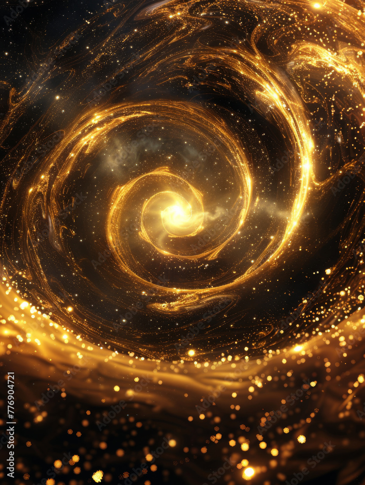 A massive black hole vortex in the universe, with golden light and starry sky background