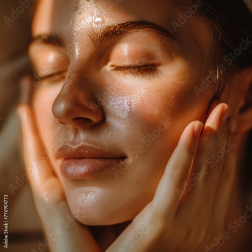 Closeup of a woman applying natural skincare products  dewy skin glowing under soft light  purity and care