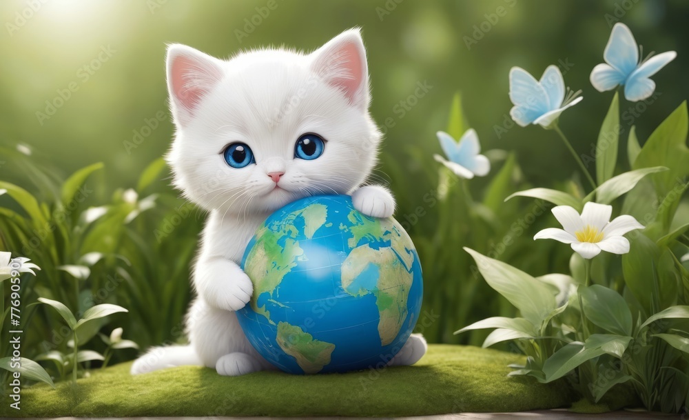 Fototapeta premium cute cat world environment and mother earth day concept with globe and eco friendly environment