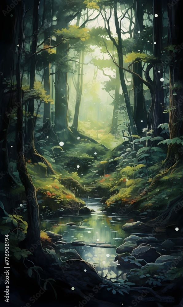 Obraz premium Detailed watercolor painting, Dark dreamy enchanted magical forest with tall trees, green foliage, nature invitation card, wallpaper, banner