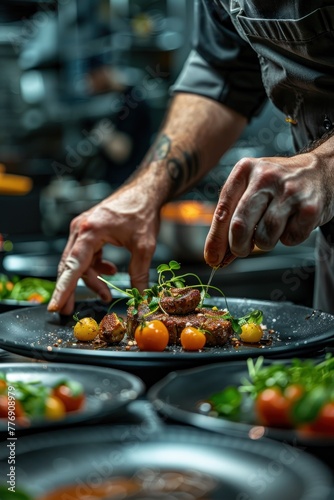 A chef is preparing a plate of food with tomatoes and other ingredients