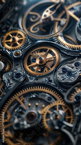 A close up of a clock with many gears