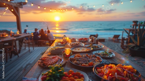 The atmosphere is relaxed and inviting, perfect for a beachside dinner party