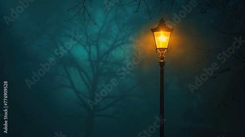 A single street lamp stands out, casting a warm glow that pierces the eerie fog, creating haunting shadows of bare branches.