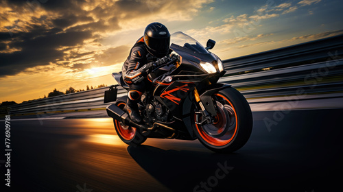 Photo of a rider on a sports motorcycle on an asphalt road. An atmosphere of speed and power. Generative AI photo
