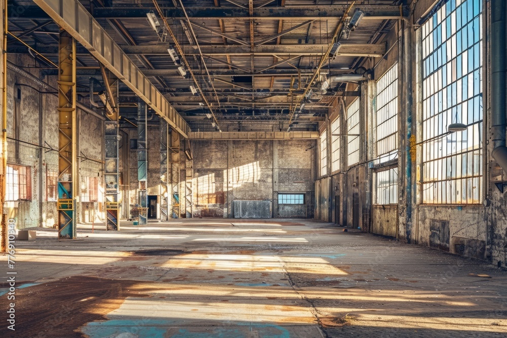 Vast Abandoned Industrial Warehouse with Vintage Machinery and Equipment,Dilapidated Interior Showcasing Gritty Textures and Weathered Surfaces