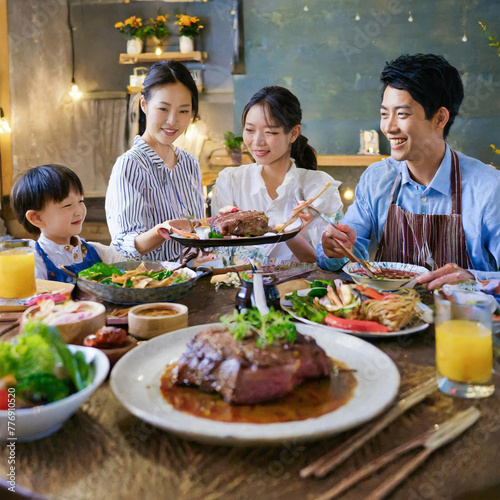 Family members enjoying steak in a family atmosphere
