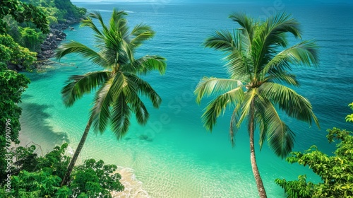 Tropical Paradise, Lush green palm trees against a backdrop of a turquoise sea, summer background