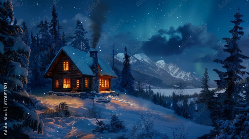 A cozy wooden cabin with smoke rising from the chimney, nestled in a snow-covered mountain landscape, shines warmly under a star-filled night sky.