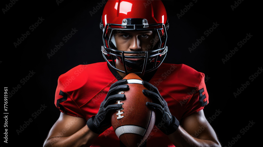 American football player in a red uniform holding a ball.