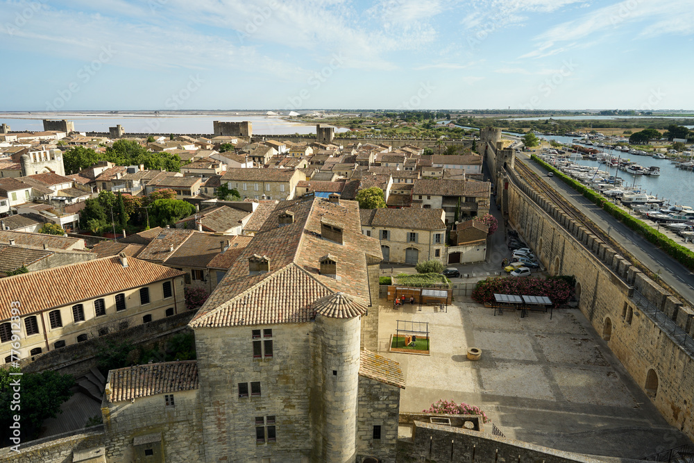 Aigues Mortes panoramic aerial view from medieval ramparts, France