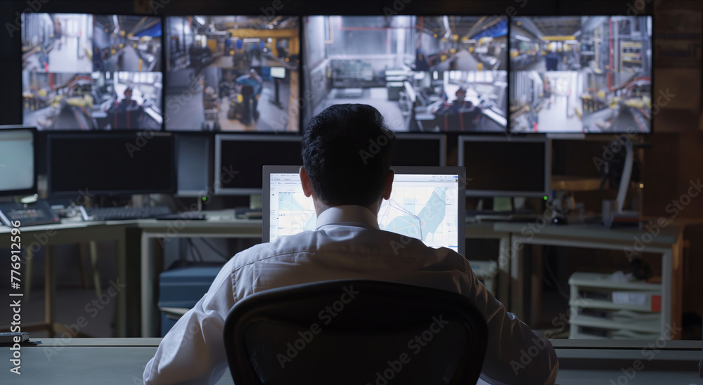A man sits at a desk in front of multiple monitors, focused on monitoring security. A man sits at a desk in front of multiple monitors, focused on monitoring security.