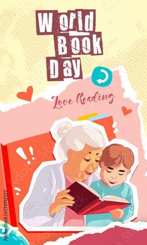 Vertical collage illustration of the World Book Day celebration