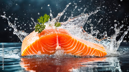 Frische Lachsfilet mit Wasserspritzer auf blauem Hintergrund	