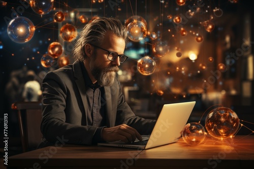 closeup man working on laptop with basic physics and mathematics formulas