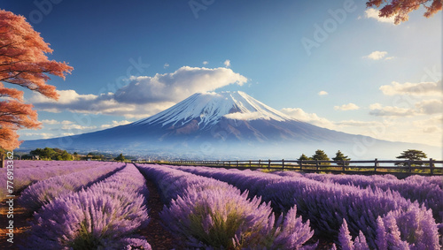 Japan's landmark Mount Fuji in different seasons and angles, from its majestic snow-capped peak to the surrounding fields of lavender or autumn leaves at its base. generative AI