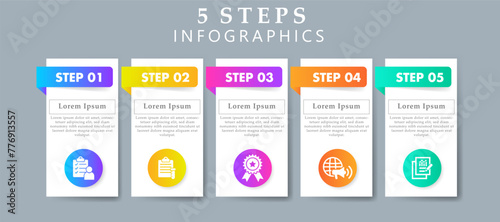Steps infographics design layout template including icons of survey, sampling, quality, marketing and results. Creative presentation with 5 steps concept.