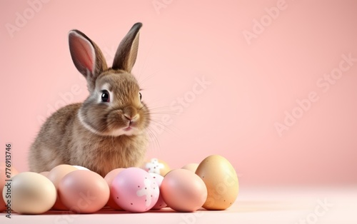 Adorable bunny with colorful Easter eggs