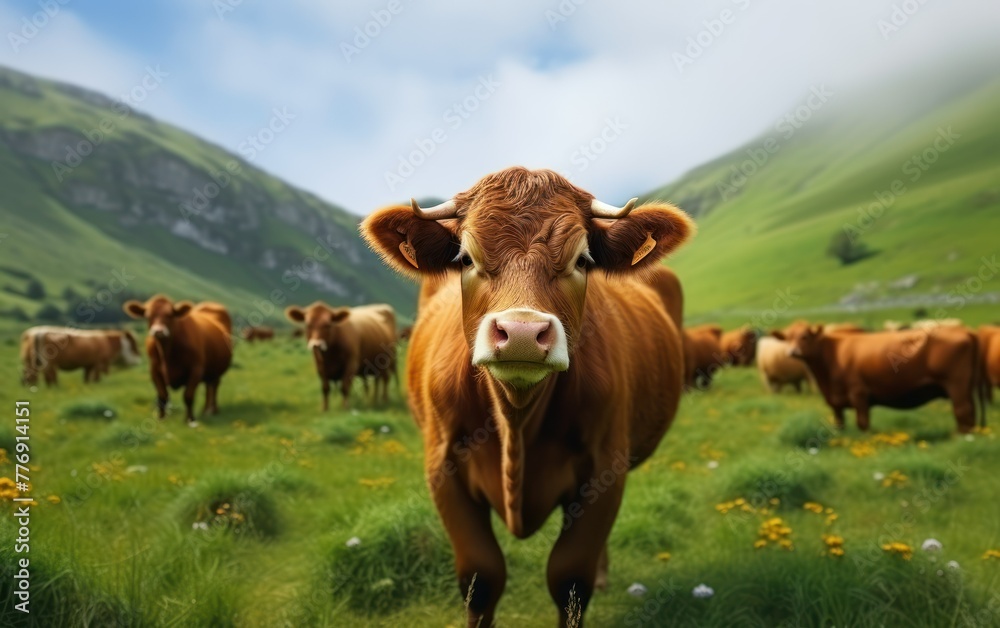 Brown cow in green pasture