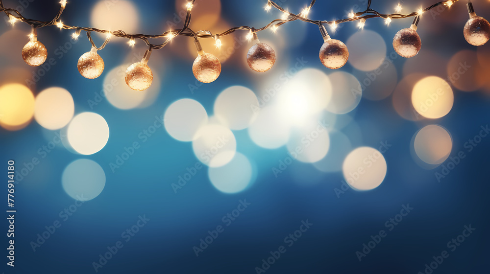 Blue Illumination and decoration holiday concept Christmas garland bokeh lights over blue background. Blue Illumination and decoration holiday concept Christmas garland bokeh lights over blue background.