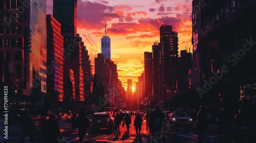 A view of the citys skyline silhouetted against the radiant orange and pink hues of the sunrise. Skysers stand tall and proud casting shadows over the bustling streets and