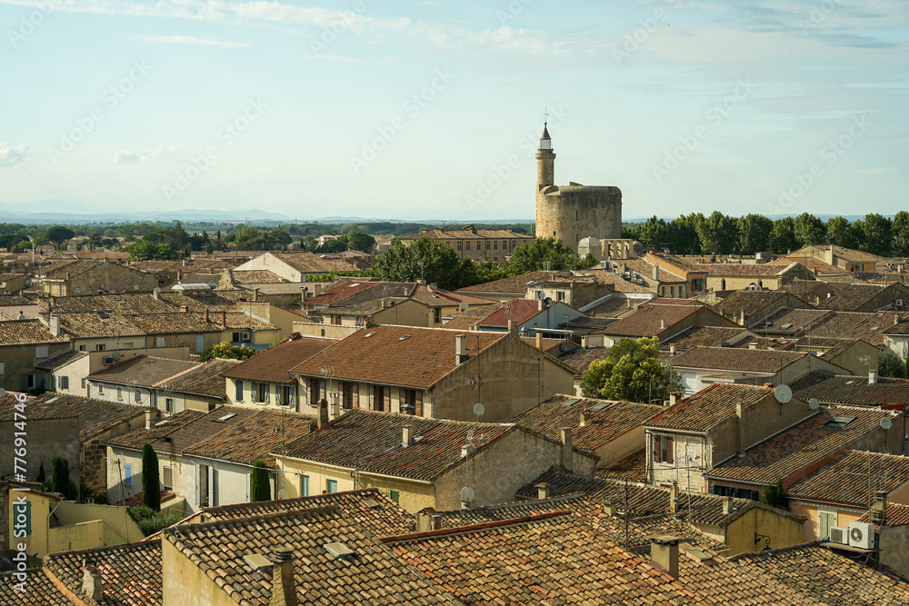 Aigues Mortes with Constancy tower panoramic aerial view from medieval ramparts, France