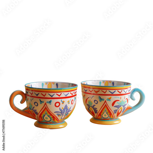 Pair of vibrant mugs featuring patterns on transparent backdrop