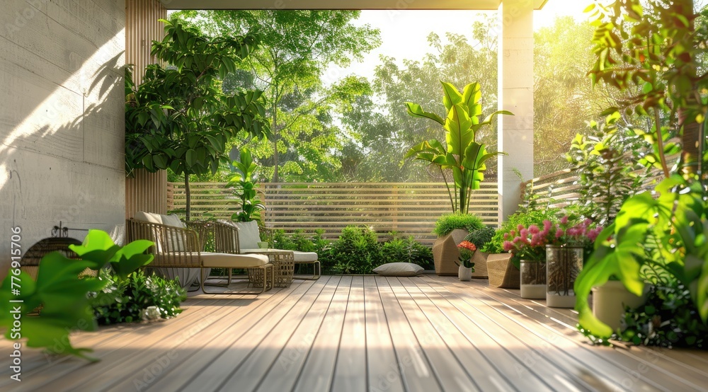 Fototapeta premium Beautiful of modern terrace with deck flooring and fence, green potted flowers plants and outdoors furniture.