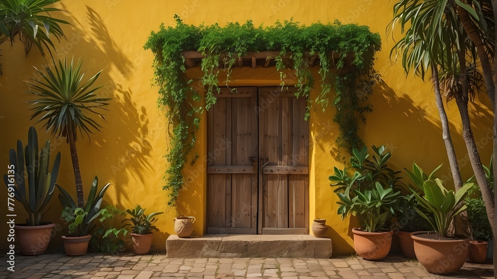 Mexican colonial background with yellow walls with vine plants