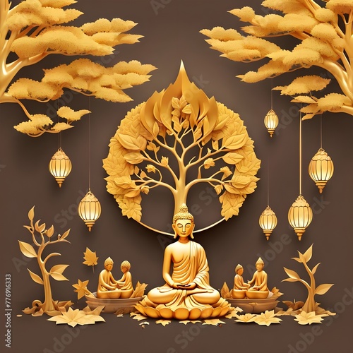 Vesak day banner with Three events of buddha are nativity, enlightenment and nirvana in gold bodhi leaf sign vector design