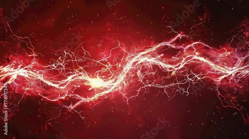Electricity sparks between two futuristic coils, concept of wireless energy on dark red background.